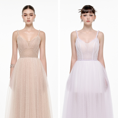 越南JOSEPHINE 2025年秋季新款网格收腰设计法式复古吊带裙