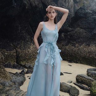 越南小众DARLING DIVA 2025年春季新款蓝色荷叶边松弛休闲长裙