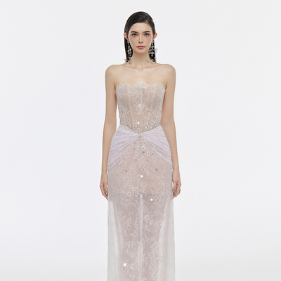 越南JOSEPHINE 2025年春季新款御姐风亮片纹理感薄纱抹胸裙