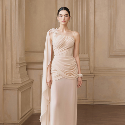 越南JOSEPHINE 2025年夏季新款高级优雅杏色高腰连衣裙