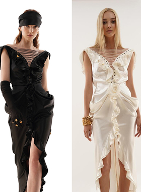 越南小众品牌DATT 2024年春夏新款贝壳光泽感绑带花朵连衣裙