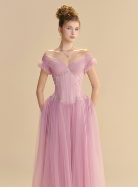 越南小众LINH PHUNG 2025年秋季新款宫廷风粉紫色收腰薄纱长裙