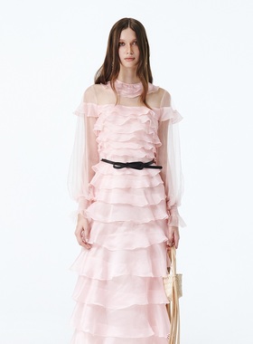 越南小众品牌ONONMM 2025年秋季新款多层次荷叶边高腰连衣裙