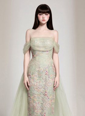 越南小众品牌CHOU PHAN 2025年秋季新款绿色刺绣感吊袖长裙