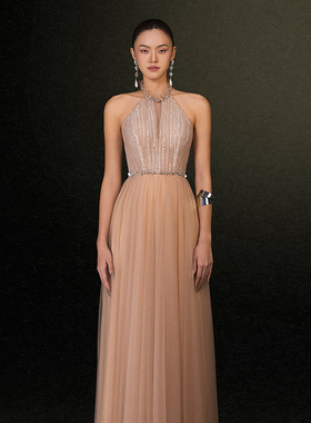 越南JOSEPHINE 2025年新年新款高级定制卡其色水钻边连衣裙