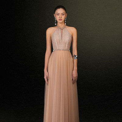 越南JOSEPHINE 2025年新年新款高级定制卡其色水钻边连衣裙