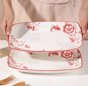 年年有余12英寸大鱼盘高温釉下彩家用大鱼盘长方盘蒸鱼盘烤盘多用