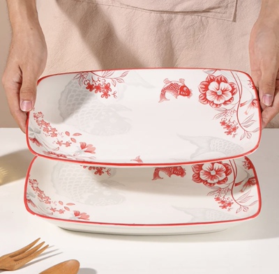 年年有余12英寸大鱼盘高温釉下彩家用大鱼盘长方盘蒸鱼盘烤盘多用