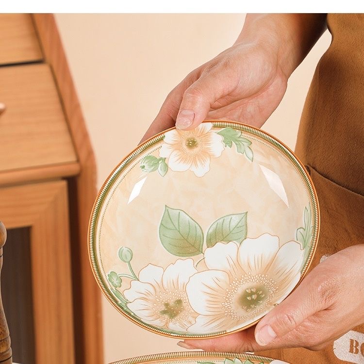 山茶花7英寸圆盘10个装陶瓷釉下彩菜盘分餐盘釉下彩复古风碟子