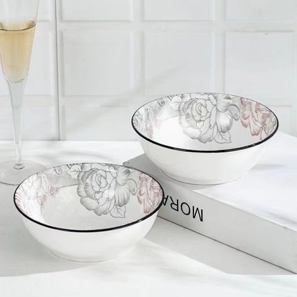 富贵牡丹7英寸6个航空碗釉下彩面碗拉面碗家用加厚微波炉可用大号