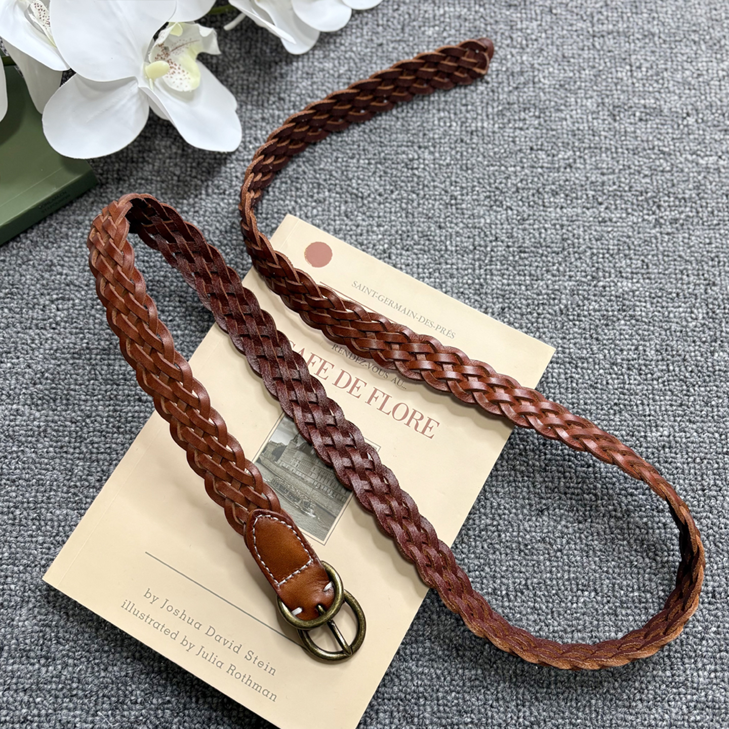 老钱风头层牛皮黄铜扣女腰带