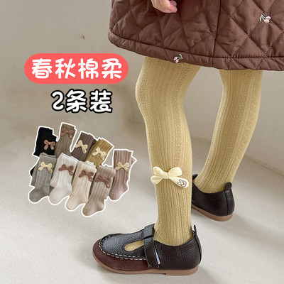 女童连裤袜秋季蝴蝶结可开档