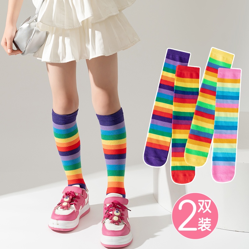 彩虹条纹宝宝过膝长筒袜春秋夏季