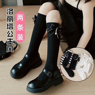 女童长筒袜春夏季薄款宝宝中筒袜洛丽塔公主黑白色小女孩洋气长袜
