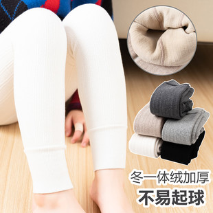 冬季儿童加厚加绒打底裤女童麻花羊绒保暖一体裤纯白色外穿舞蹈袜