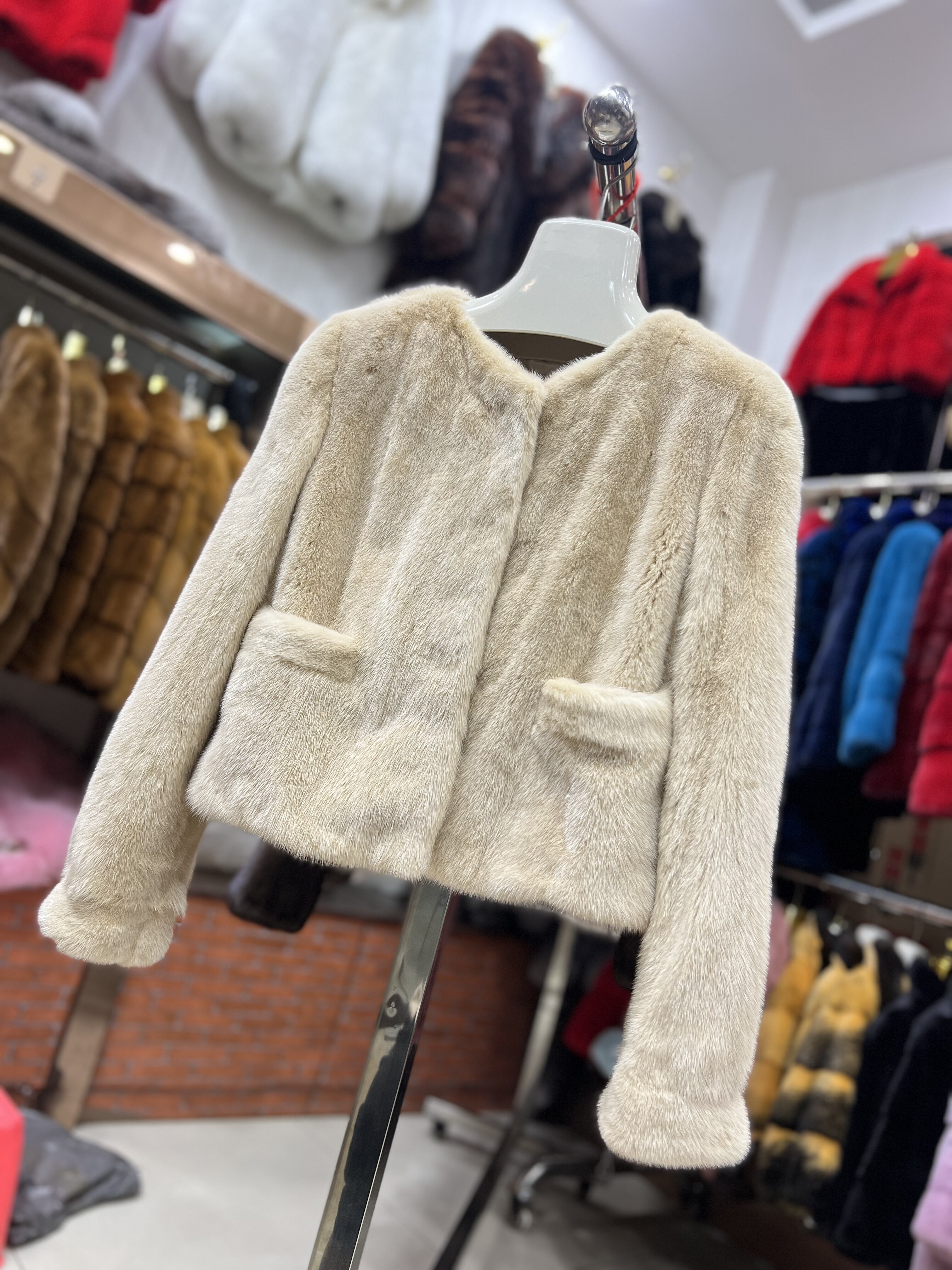 小香风小个子款进口天鹅绒水貂皮草外套口袋短款时尚年轻貂皮大衣