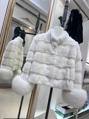 定制款 小个子白色立领横排皮草外套女貂皮大衣短款十字狐狸毛袖