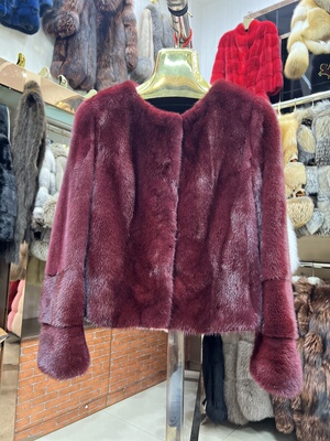 进口天鹅绒短二小母貂皮大衣女整貂年轻款圆领水貂毛皮草外套