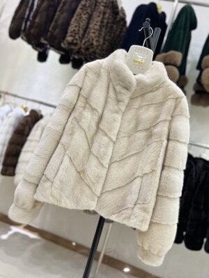 进口水貂皮草外套立领全挖削斜排横排貂皮大衣女士整貂