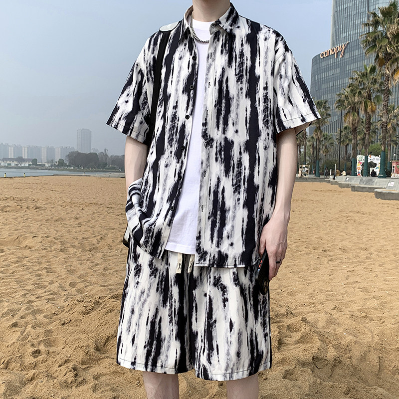 夏日大码套装宽松花衬衫男短袖痞帅休闲上衣两件套衣25裤18/TP43,男装衬衫,电商A012