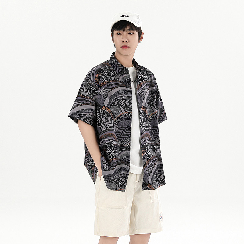 花衬衫男短袖夏季痞帅休闲上衣服外套翻领大码衬衣A011-2/P45,男装T恤,电商A012