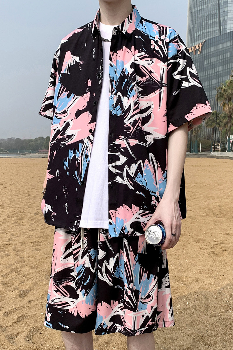 夏日大码套装宽松花衬衫男短袖痞帅休闲上衣两件套衣35裤23/P58,男装休闲套装,电商A012
