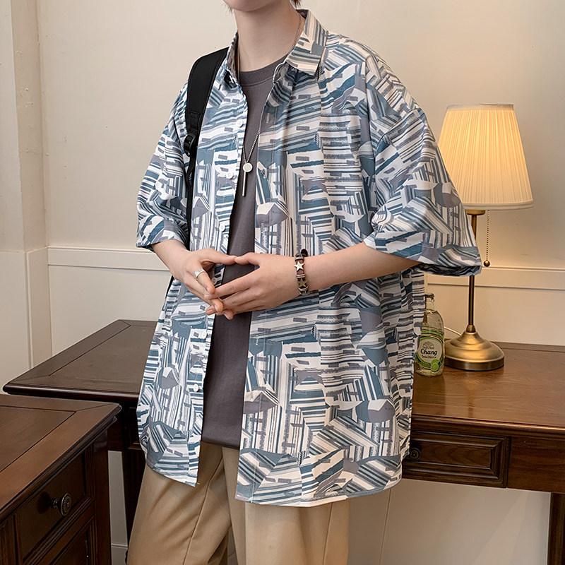 大码外套青年衬衣休闲宽松短袖印花流行衬衫男A011-2/8607p40,男装T恤,电商A012