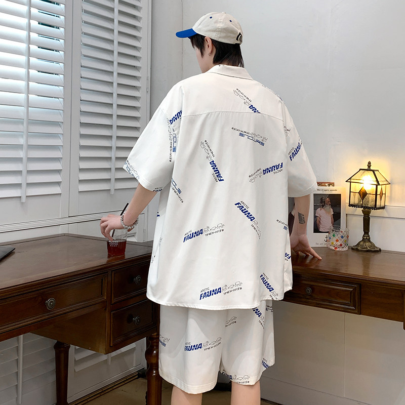 夏季短袖套装男五分袖衬衣潮短裤男大码两件套8652/衣35裤30/P65,男装休闲套装,电商A012
