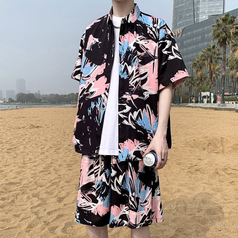 夏日大码套装宽松花衬衫男短袖痞帅休闲上衣两件套衣35裤23/P58图片