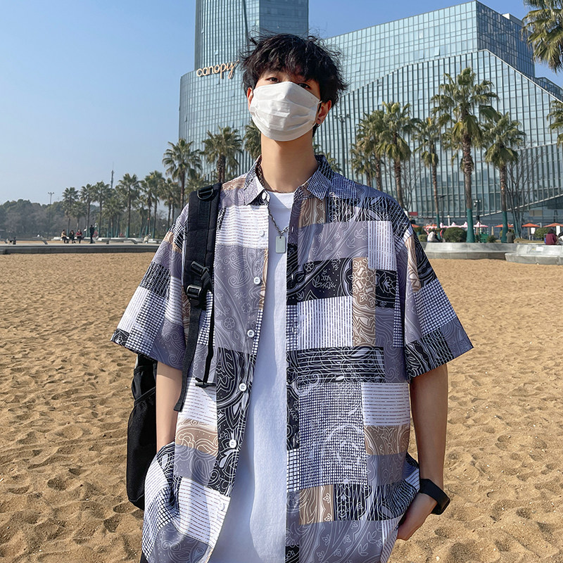 花衬衫男短袖夏季痞帅休闲上衣服外套翻领大码衬衣A011-2/P45,男装T恤,电商A012