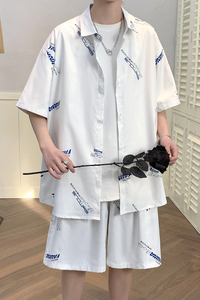 夏季短袖套装男五分袖衬衣潮短裤男大码两件套8652/衣35裤30/P65图片