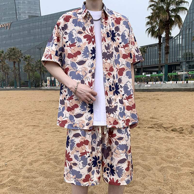 夏日大码套装宽松花衬衫男短袖痞帅休闲上衣两件套衣35裤23/P58,男装休闲套装,电商A012
