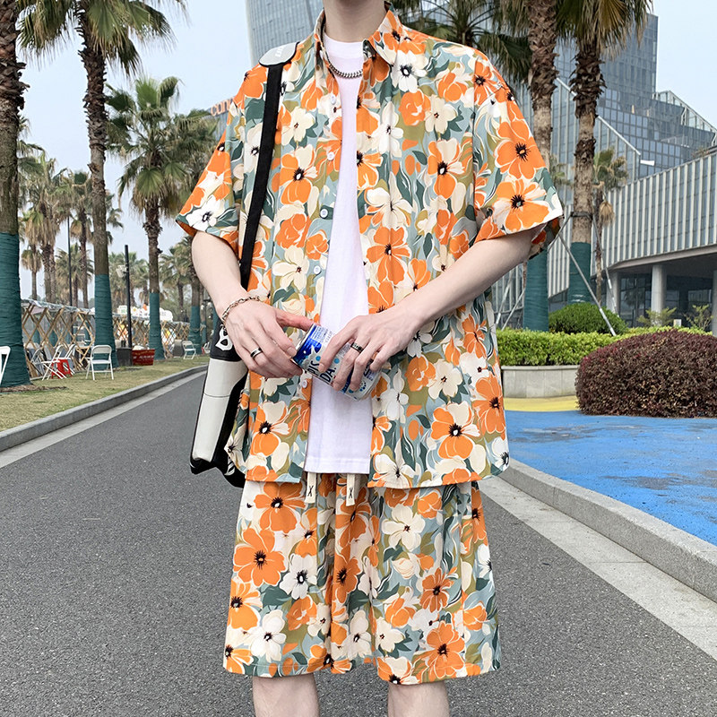夏日大码套装宽松花衬衫男短袖痞帅休闲上衣两件套衣35裤23/P58,男装休闲套装,电商A012