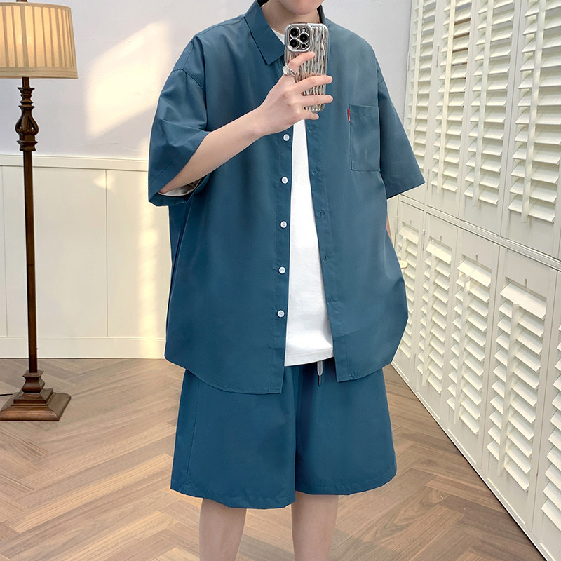 纯色短袖套装五分袖衬衣潮短裤男大码两件套8654/衣22裤20/TP42,男装休闲套装,电商A012