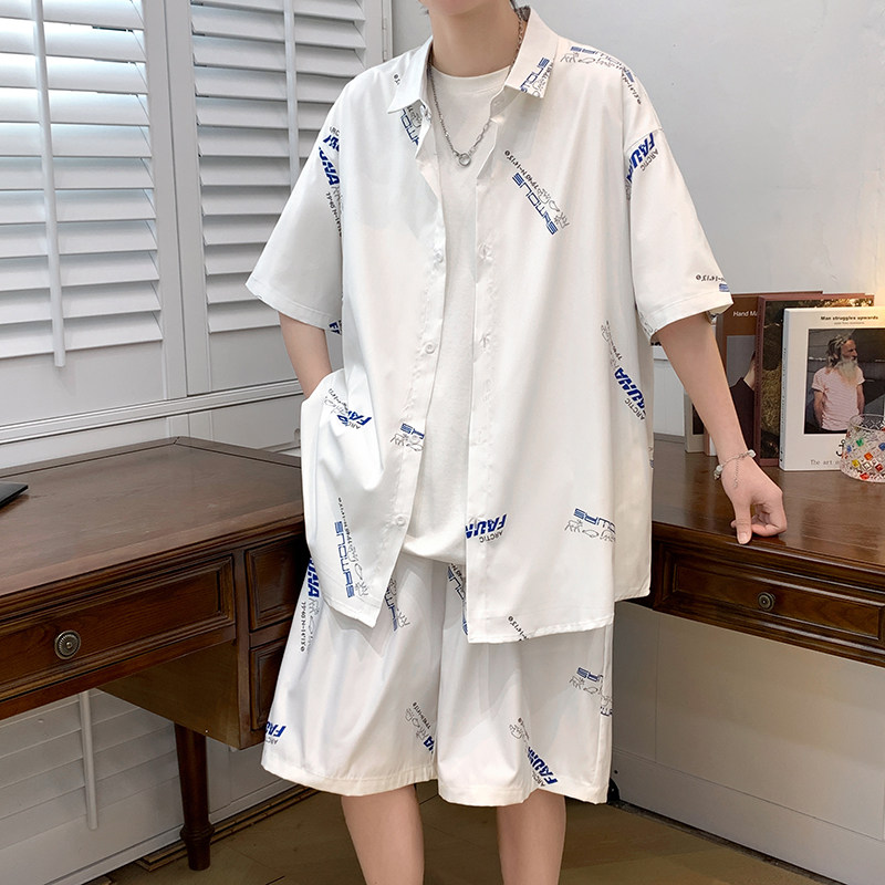 夏季短袖套装男五分袖衬衣潮短裤男大码两件套8652/衣35裤30/P65,男装牛仔裤,电商A012