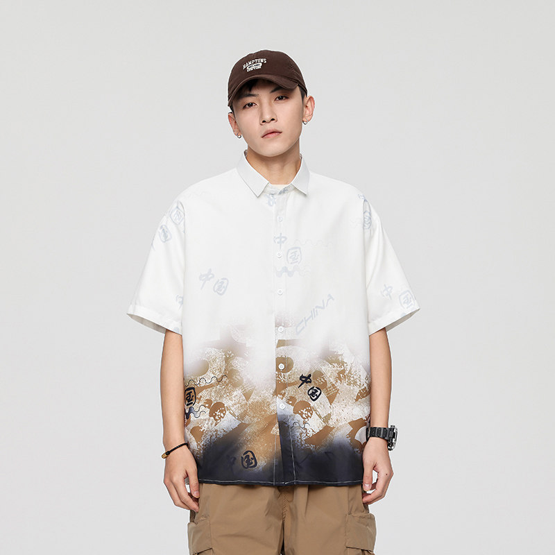 无影墙大码外套青年衬衣休闲宽松短袖印花流行衬衫男8601p40,男装T恤,电商A012