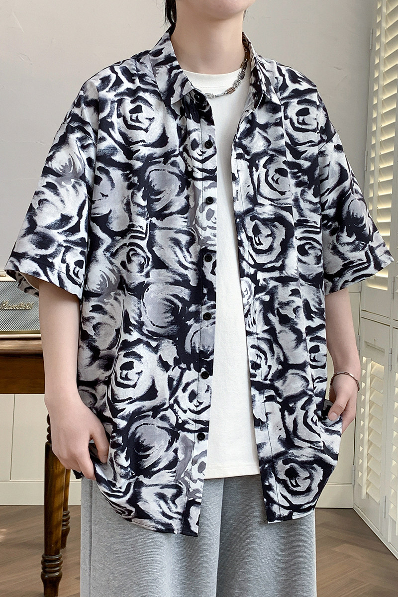 花衬衫男短袖夏季痞帅休闲上衣服外套翻领大码衬衣男A011-2/P35,男装T恤,电商A012