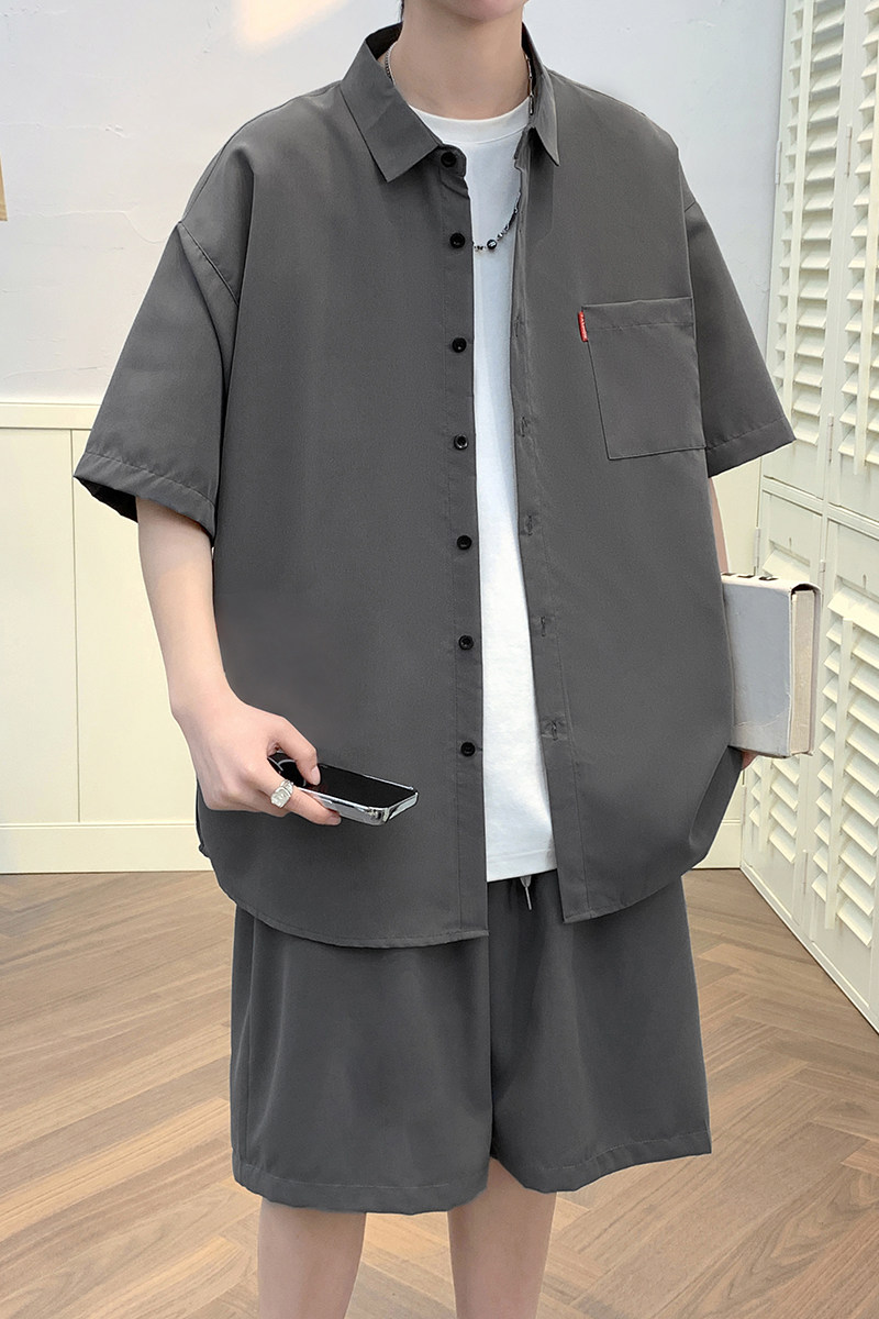 纯色短袖套装五分袖衬衣潮短裤男大码两件套8654/衣22裤20/TP42,男装休闲套装,电商A012