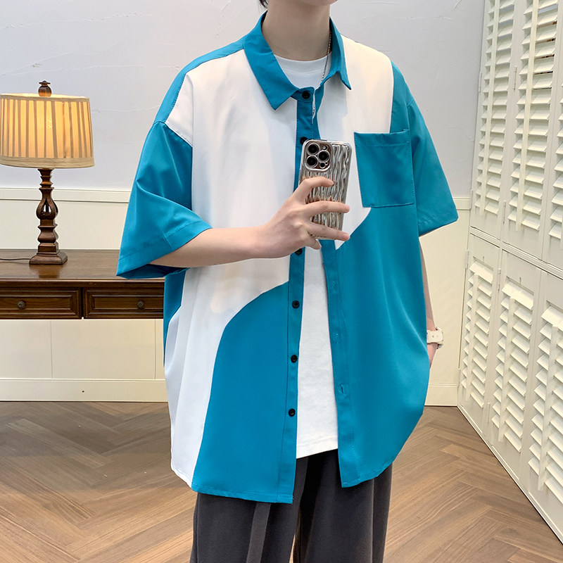 青年拼色外套衬衣休闲宽松短袖印花假两件衬衫男A011-2/p30,男装T恤,电商A012