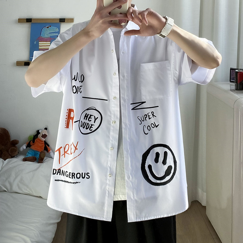 港风大码印花风潮男春夏新款青年短袖衬衫QT5030/D7053p35，男装T恤，电商A012