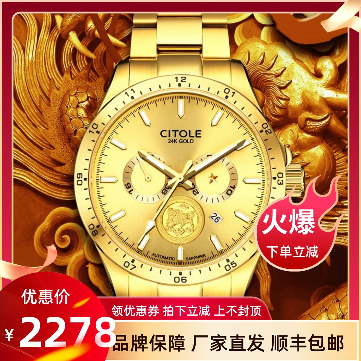 CITOLE西腾手表24K麒麟金币运动风三眼精钢机械男士腕表男表6073