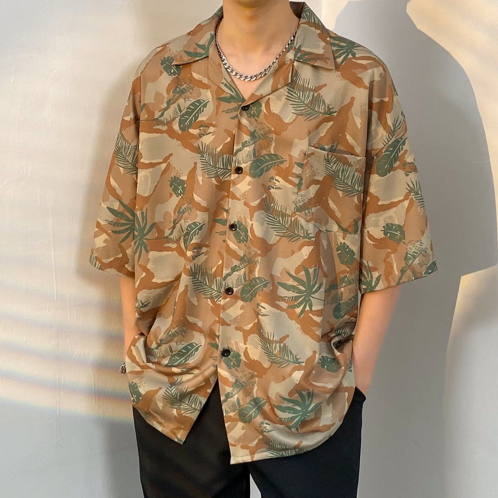 夏威夷古巴领衬衫短袖夏季薄款男士潮牌痞帅ins港风碎花衬衣男潮