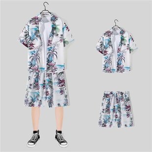 港風(fēng)日系短袖 男韓版 潮流寬松夏威夷復(fù)古痞帥海邊花襯衣套裝 潮 襯衫