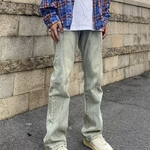 美式 复古水洗做旧阔腿牛仔裤 男宽松直筒百搭hiphop潮牌情侣长裤