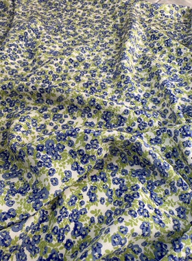 夏季清新蓝绿色小碎花纯真丝双绉布料高档连衣裙半裙衬衫蚕丝面料