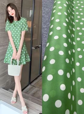 夏季新品绿色底波点印花真丝双绉布料清爽连衣裙半裙衬衫蚕丝面料