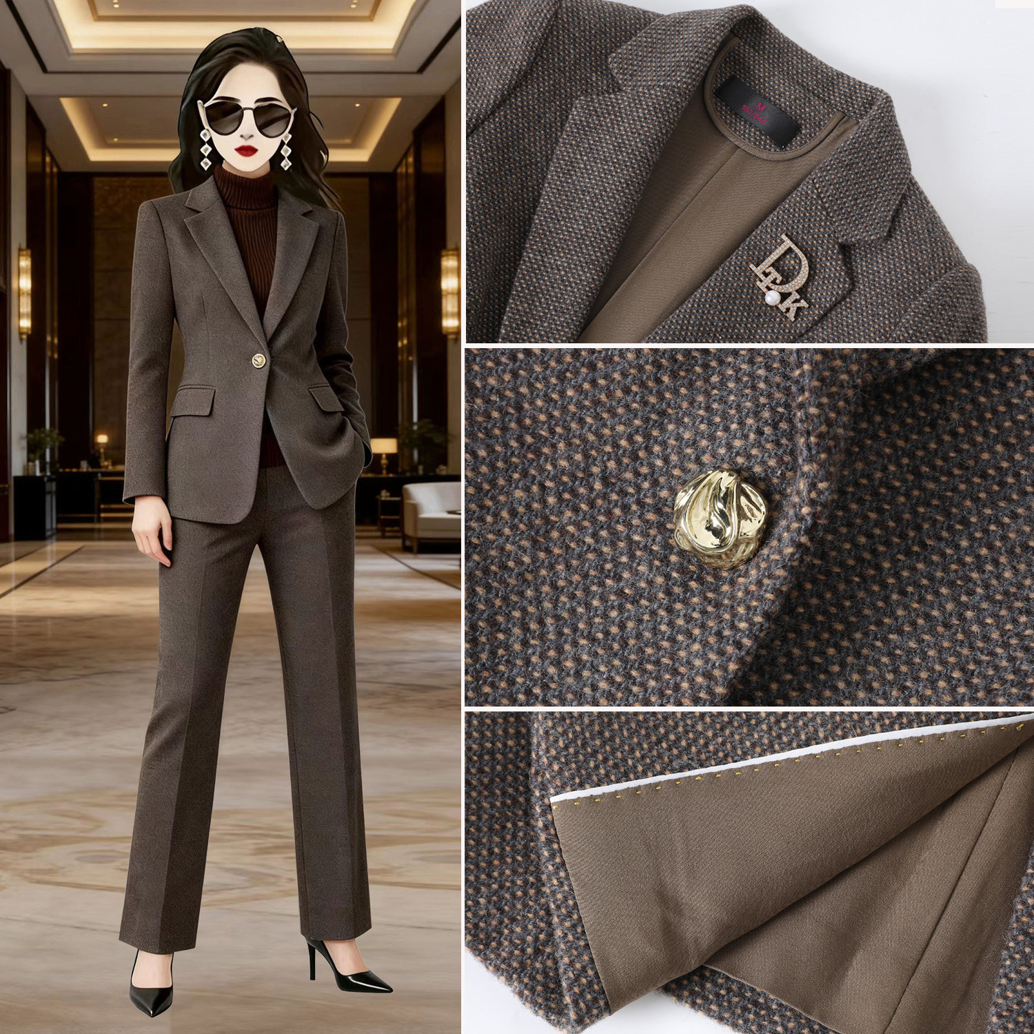 老钱风绵羊毛西装女秋冬OL通勤修身气质咖色西服外套休闲通勤长袖,女装/女士精品,西装,淘宝优惠券,粉丝福利购,淘宝优惠卷