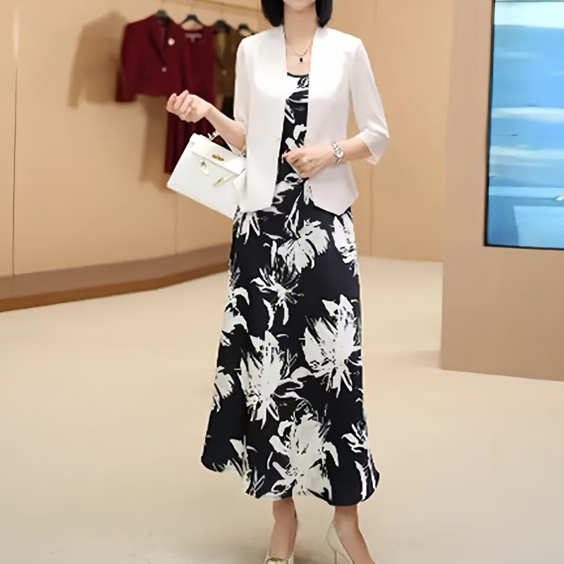 小西装女2025新款夏季休闲气质高级感七分袖薄款网纱袖西服连衣裙