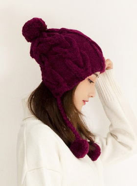 毛线帽子女百搭冬天纯手工针织帽日系羊毛同款韩国可爱保暖护耳帽