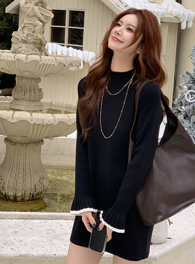 冬季针织连衣裙女中长款内搭遮屁股毛衣女小个子半高领黑色毛衣裙